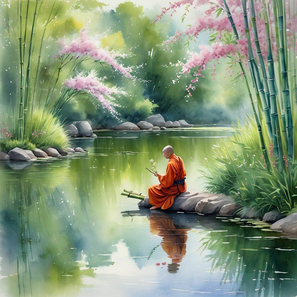 A serene landscape showcasing a tranquil pond surrounded by lush greenery, with tall bamboo stalks and soft, flowing water. A monk in simple robes sits peacefully by the water, reflecting on nature's beauty. Delicate cherry blossoms float through the air, symbolizing harmony and simplicity. Soft, calming colors evoke a sense of peace and mindfulness. watercolor painting. vibrant colors.