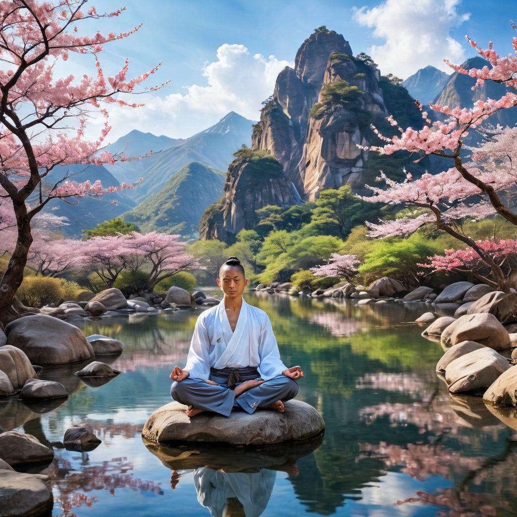 A serene landscape depicting a peaceful mountain scene with gentle streams and cherry blossom trees, symbolizing balance and tranquility. In the foreground, a person meditating in lotus position, surrounded by nature, exuding calm energy. Subtle elements of ancient Chinese symbols and modern mindfulness quotes woven into the background, capturing the essence of Taoism. soft colors, tranquil atmosphere, harmonious composition. painting.