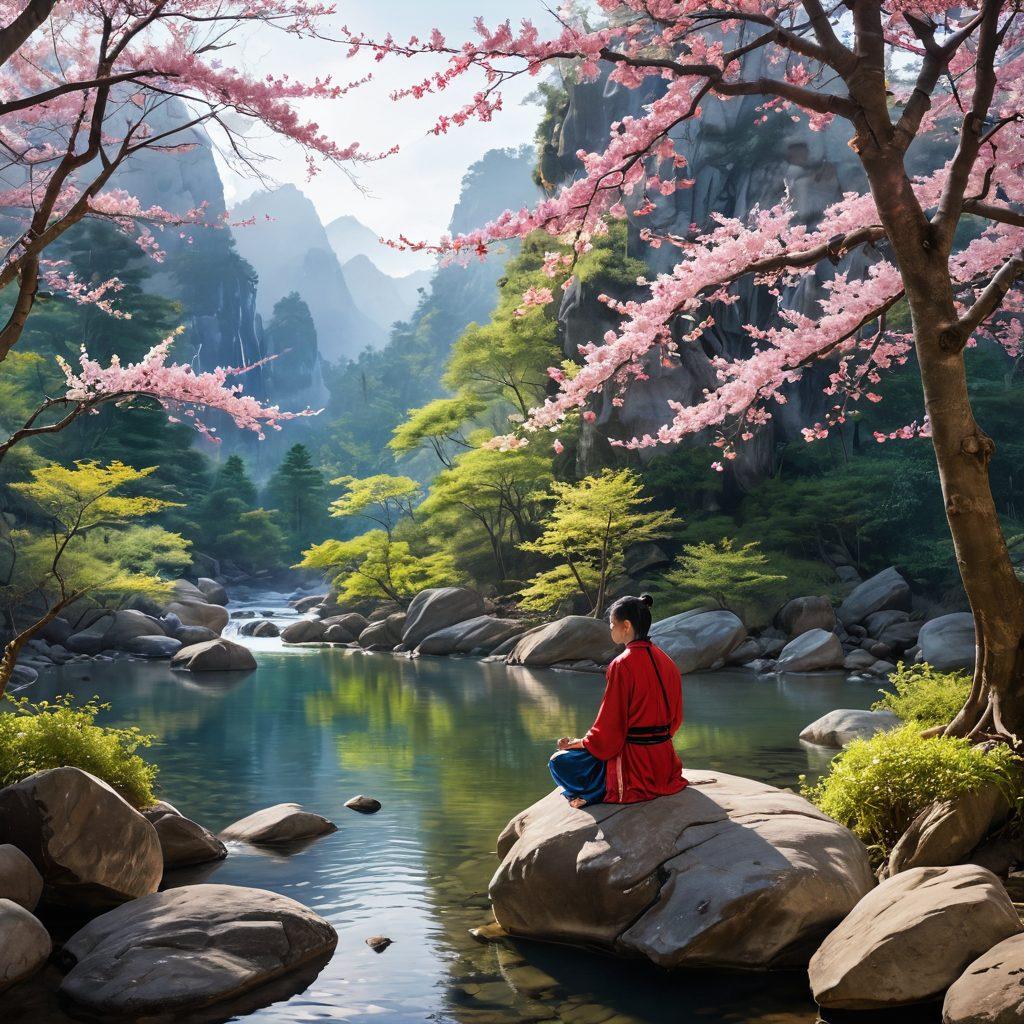 A serene forest scene capturing the essence of Taoist philosophy, featuring a flowing river, gentle mountains, and vibrant trees symbolizing harmony with nature. Include a meditative figure sitting cross-legged on a rock, surrounded by soft, ethereal light and delicate cherry blossoms falling around. The atmosphere is peaceful, evoking a sense of spiritual enlightenment and connection to the universe. super-realistic. vibrant colors. natural light.